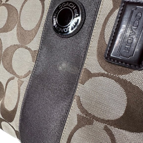 Coach Khaki and Mahogany Stripe Signature Kisslock Carryall Bag F19190 - Picture 12 of 13